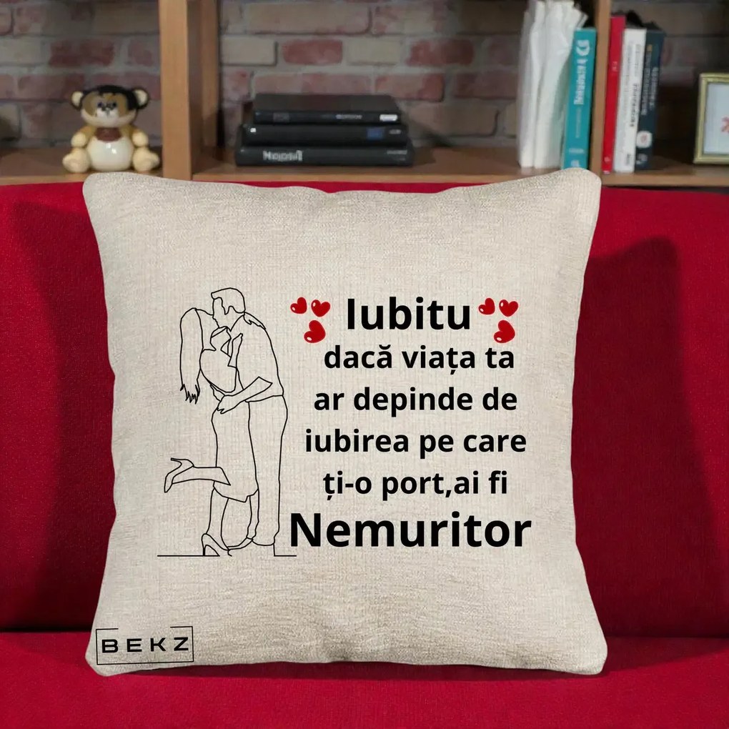 Cadou pentru Iubit - Perna Personalizata Iubitu Nemuritor cu Cuplu Line-Art si Inimi Rosii, 40x40 cm, Bej Canapea, Husa Detasabila, Perna Inclusa, BEKZ®