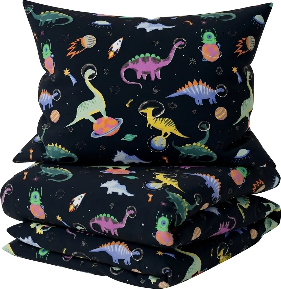 Set lenjerie de pat din microfibra pentru copii DINO SPACE colorat + husa de perna 50 x 70 cm GRATUIT