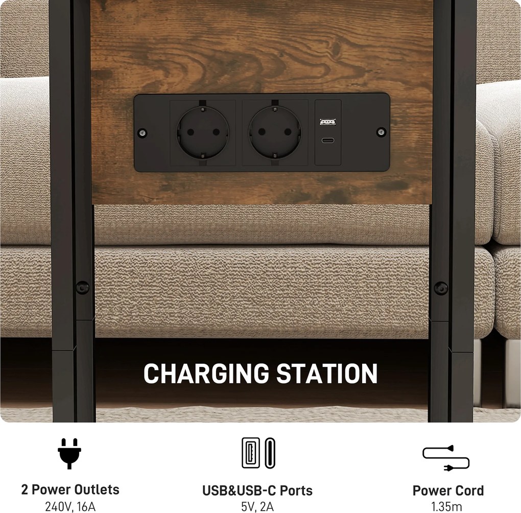 HOMCOM Măsuță de cafea în formă de C, extensibilă, cu 2 stații de încărcare, lemn și metal, 39x29x57 cm, negru și maro | Aosom Romania