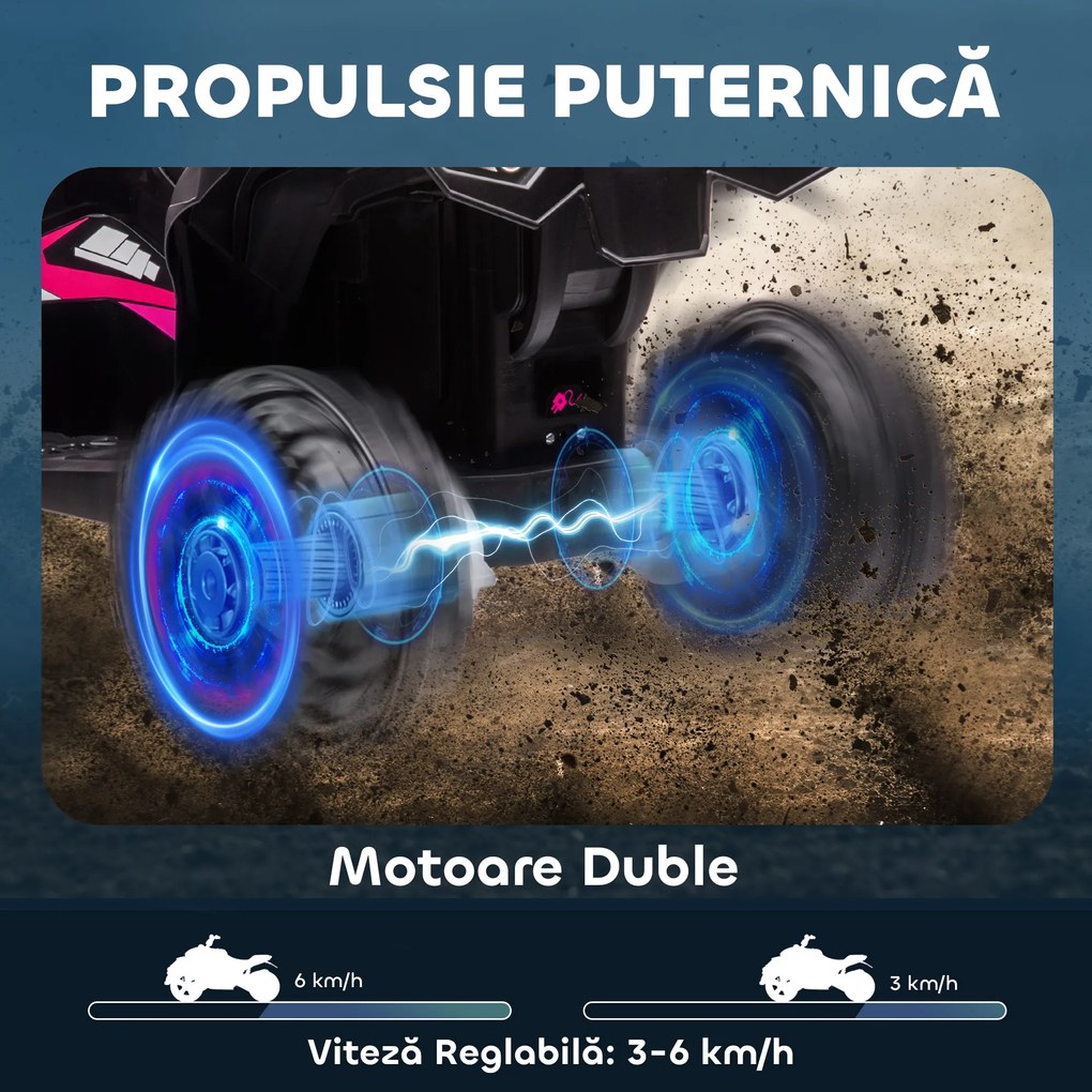 HOMCOM ATV Electric pentru Copii cu Motor Dublu și 2 Viteze, Roți, Faruri LED, Claxon și Muzică, 83x53x55.5 cm, Roz | Aosom Romania