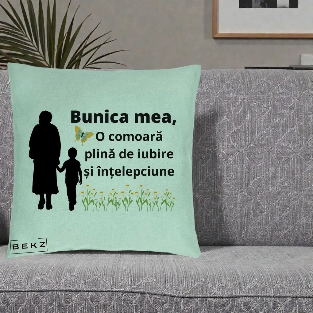 Cadou pentru Bunica - Perna Personalizata Bunica Mea Comoara cu Fluture si Baietel, 40x40 cm, Verde Menta, Husa Detasabila, Perna Inclusa, BEKZ®
