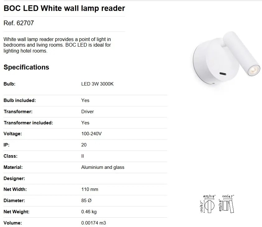 Aplica moderna cu reader LED design minimalist BOC alba