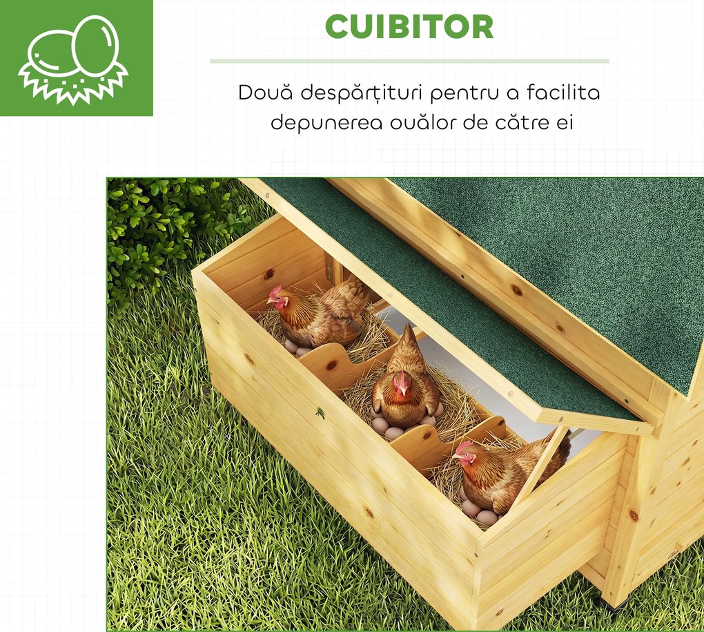 PawHut Coteț din Lemn cu 2 Căsuțe, Coteț pentru Găini de Exterior cu Acoperiș Impermeabil, Tavă Detașabilă și Bare, Adăpost pentru 2-4 Găini, Rațe, Grădină, 150x100x96,5 cm, Galben | Aosom Romania