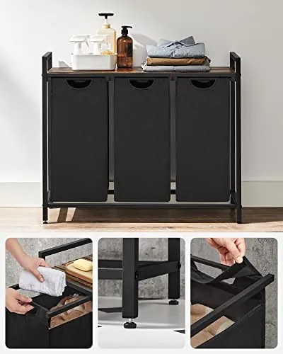 Coș de rufe cu poliță BERGEN, 3x38l, negru/maro SongmicsHome