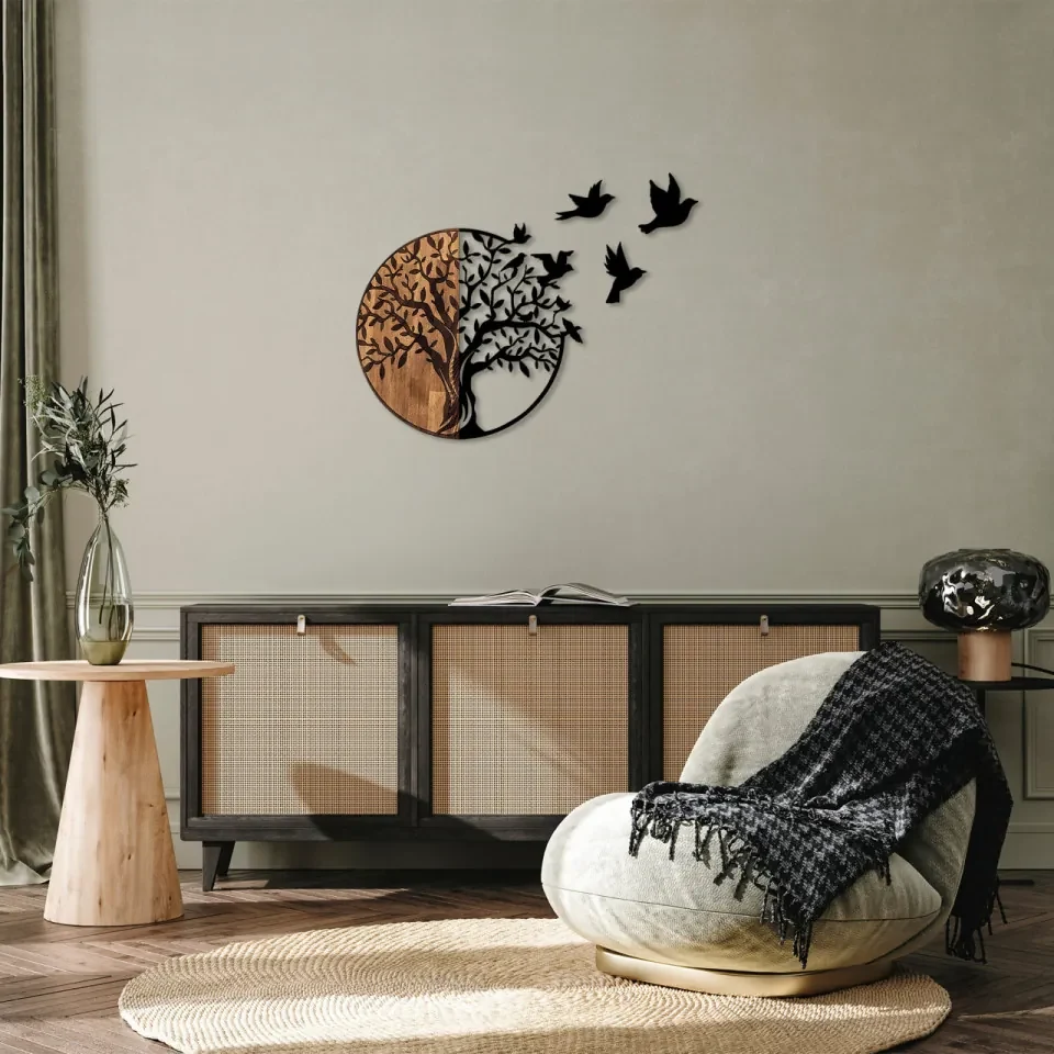 Accesoriu Decorativ de Perete Tree And Birds - 322, Lemn / Metal