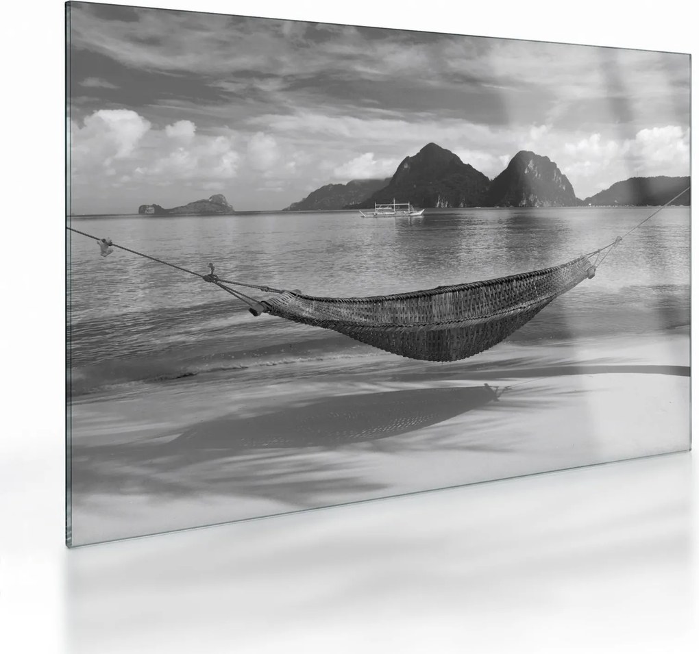Tablou pe sticlă - Hamac pe plajă (70x50 cm)