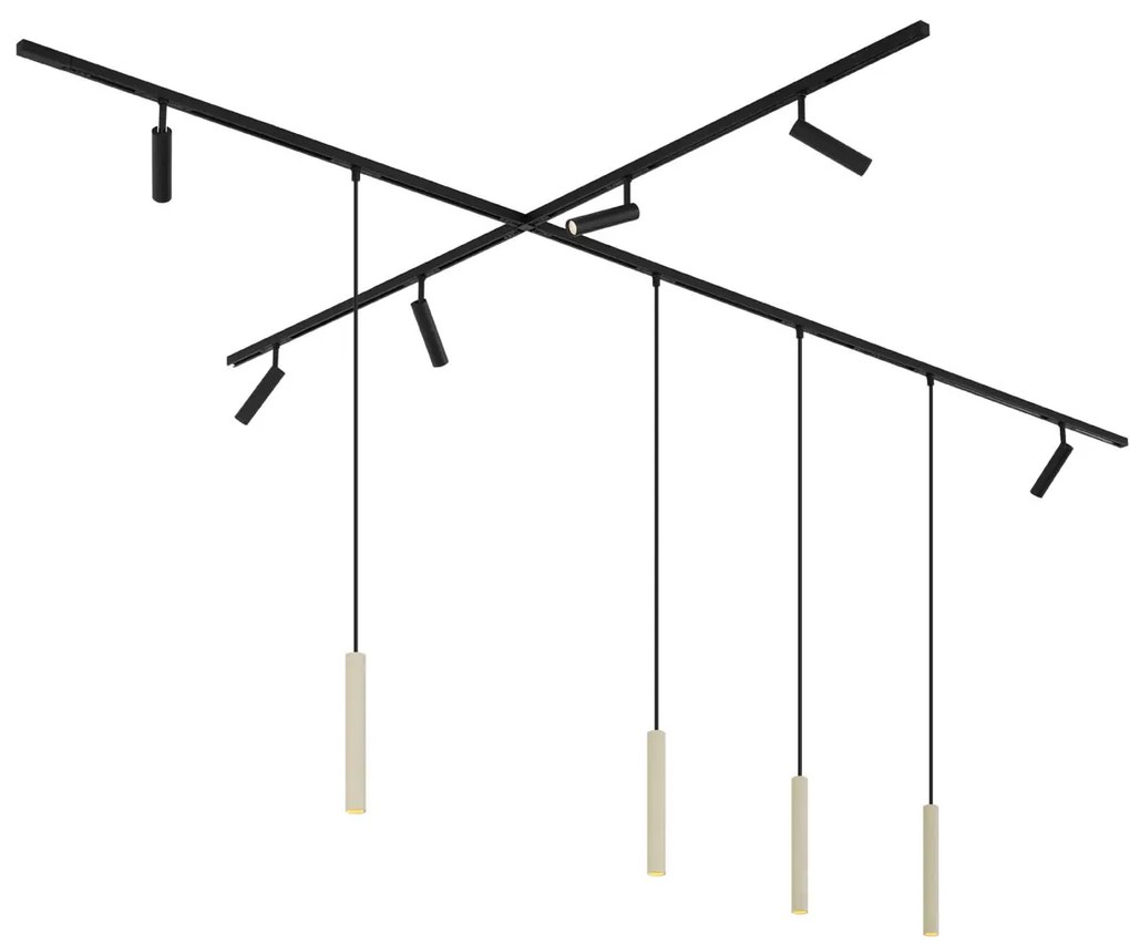 Sistem de iluminat pe șine modern cu 6 spoturi și 4 pendule bej cu negru monofazat - Slimline Uzzy Keno