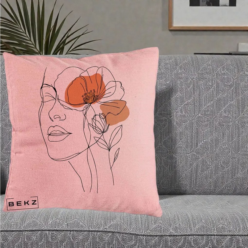 Perna Decorativa Portret Feminin Mac Profilat, 40x40 cm, Roz, Husa Detasabila, Perna Inclusa, BEKZ®