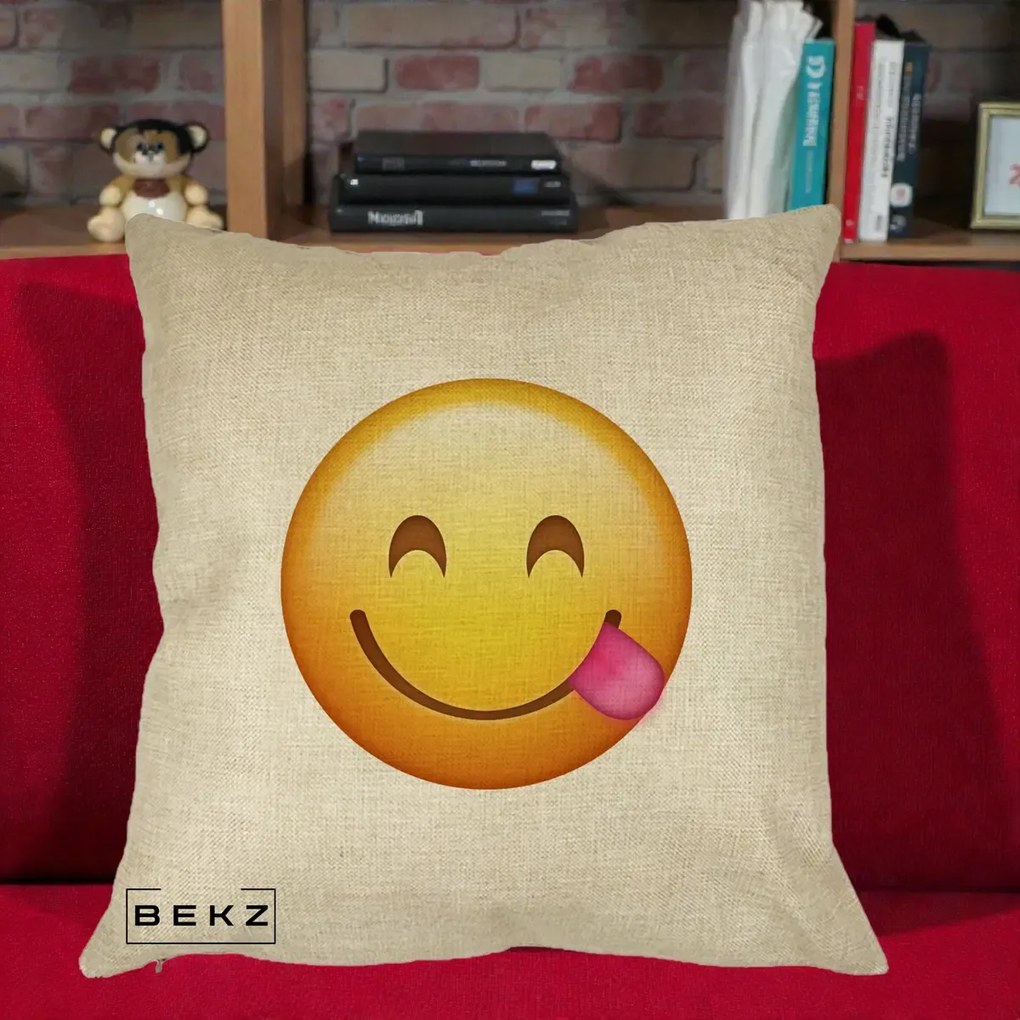 Perna Decorativa Emoji Limba Scoasa, 40x40 cm, Crem, Husa Detasabila, Perna Inclusa, BEKZ®