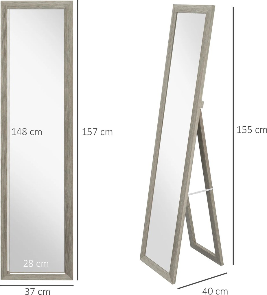 HOMCOM Oglindă Autoportantă Modernă, 37x157 cm, Oglindă de Perete și de Podea în Mărime Naturală cu Ramă din Lemn și Suport, pentru Dormitor, Living și Hol, Gri | Aosom Romania