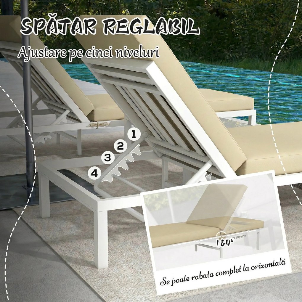 Outsunny Set 2 Sezlonguri Pliabile cu Masă Laterală, Sezlonguri Reglabile pe 5 Poziții cu Pernă și Blat de Sticlă | Aosom Romania