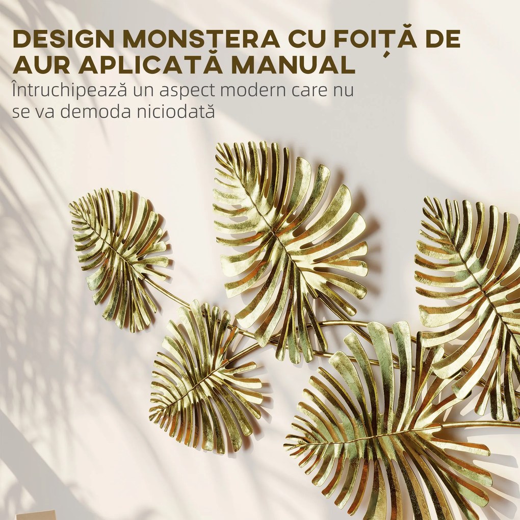 HOMCOM Artă Murală cu 5 Frunze de Monstera și Accesorii pentru Montaj Incluse, Decorațiuni Murale din Metal, 83x2.5x39 cm, culoare Aurie | Aosom Romania