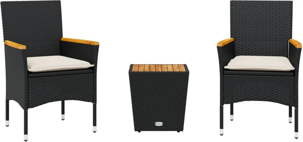 vidaXL Set bistro cu perne, 3 piese, negru, poliratan și sticlă