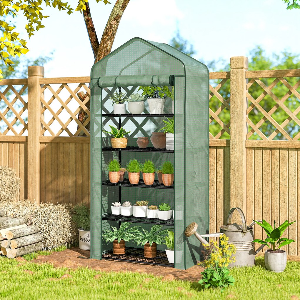 Outsunny Seră Mini pe 5 Niveluri cu Husă Ranforsată, Seră Portabilă cu Ușă Rulabilă și Rafturi de Sârmă, 193x90x49 cm, Verde | Aosom Romania