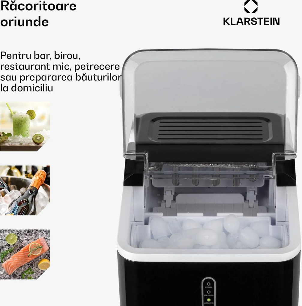 Klarstein Chillout, aparat pentru gheață, bucăți rotunde de gheață, 12 kg / 24 ore, rezervor de apă: 1,5 l, negru