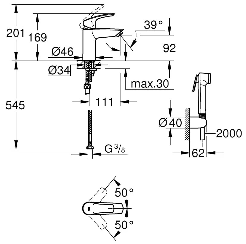 Set baterie lavoar Grohe Eurosmart S, 3/8'', monocomanda, set dus igienic, 1 jet, crom - 23124003