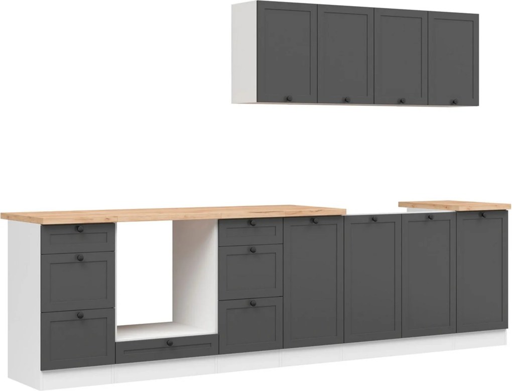 Set bucatarie JUNONA LINE, gri grafit/alb, PAL, 300 cm, cu blat stejar