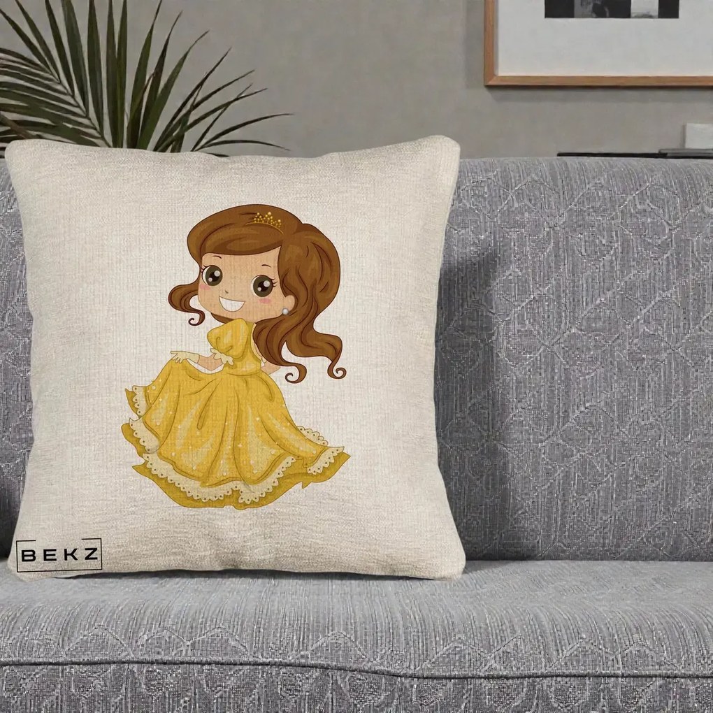 Perna Decorativa Printesa Bella Rochie Aurie, 40x40 cm, Bej Canapea, Husa Detasabila, Perna Inclusa, BEKZ®