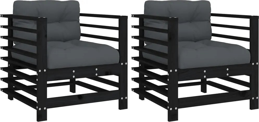 vidaXL Scaune de grădină cu perne, 2 buc., negru, lemn masiv de pin