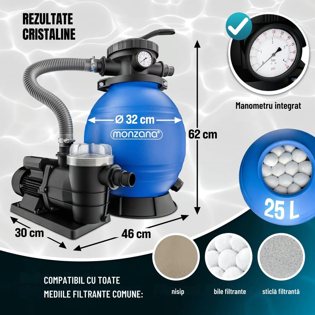 Sistem de filtrare cu nisip pentru piscină AQUA 9 600 l/h, albastru Monzana
