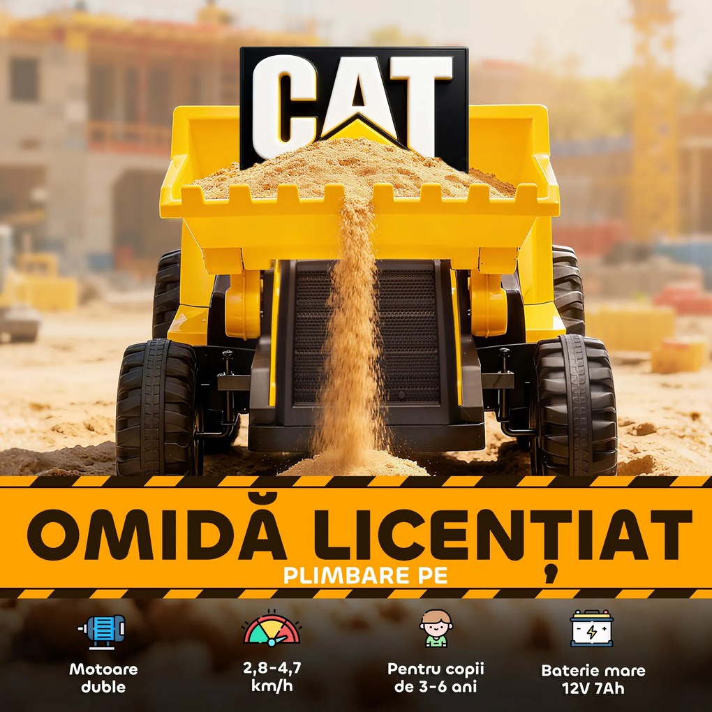 AIYAPLAY Ruspa Electrică pentru Copii 3-6 Ani Marca Oficială Caterpillar 12V cu Telecomandă, Galben | Aosom Romania