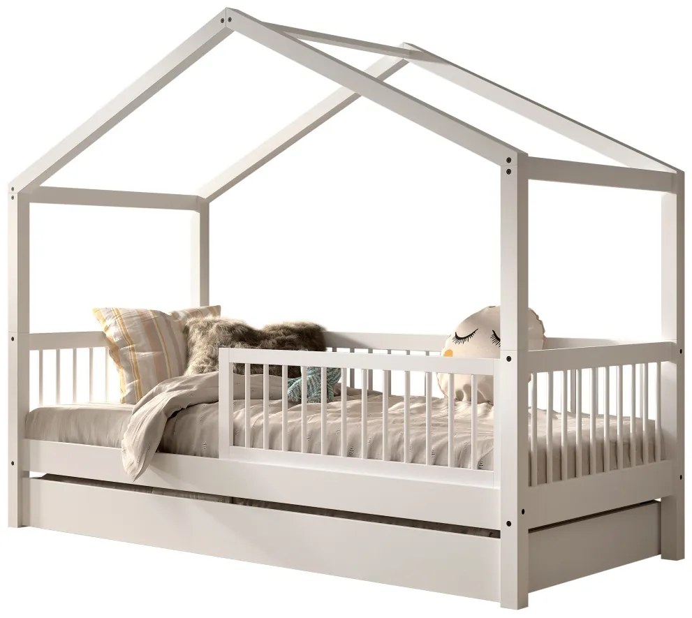 Set Mobilier Camera Copii Forrest Beech, Pat Căsuță 90x200 cm, Sertar Pat și Barieră Suplimentară, din Lemn Masiv de Fag, Alb – Vipack