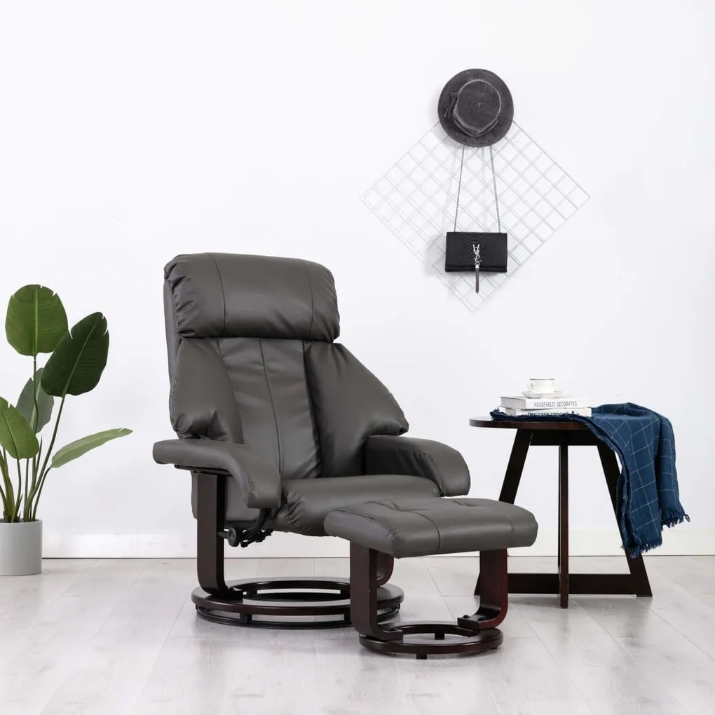 248674 vidaXL Fotoliu TV rabatabil cu taburet, gri, piele ecologică