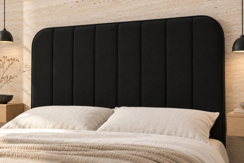 Pat tapițat din stofă Calista 160×200 cm, negru, cu ladă de depozitare