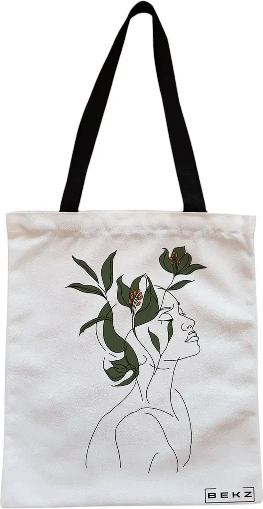 Sacosa de Panza pentru Cumparaturi, Geanta Tote, Flower Lady 10, Cu fermoar, 38x34.5 cm, Alba, BEKZ®