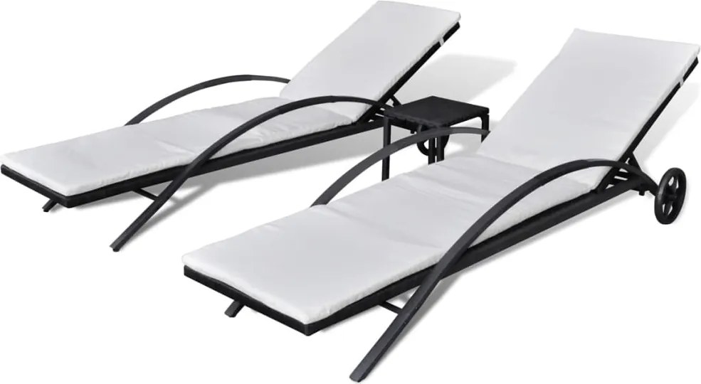 vidaXL Șezlonguri de plajă cu masă, negru, poliratan