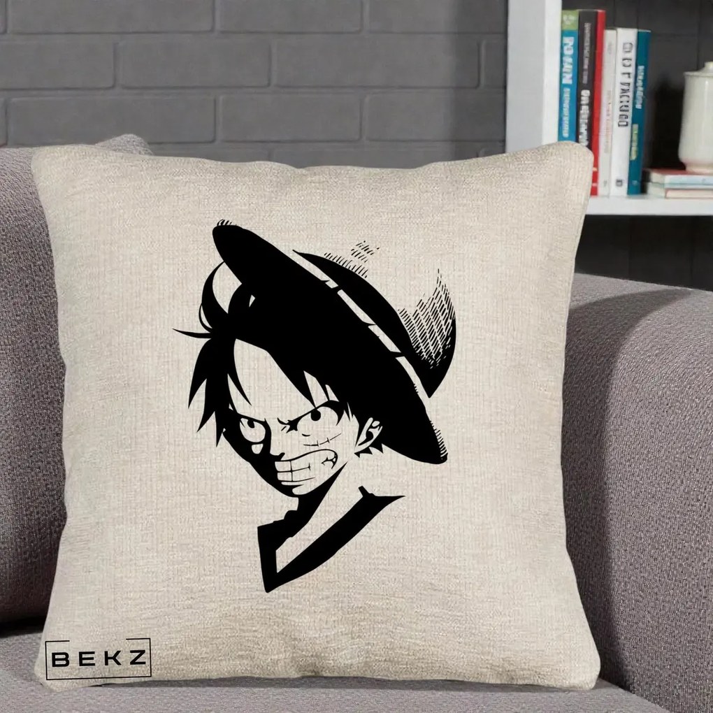 Perna Personalizata One Piece Luffy Silueta Alb-Negru, 40x40 cm, Bej Canapea, Husa Detasabila, Perna Inclusa, BEKZ®