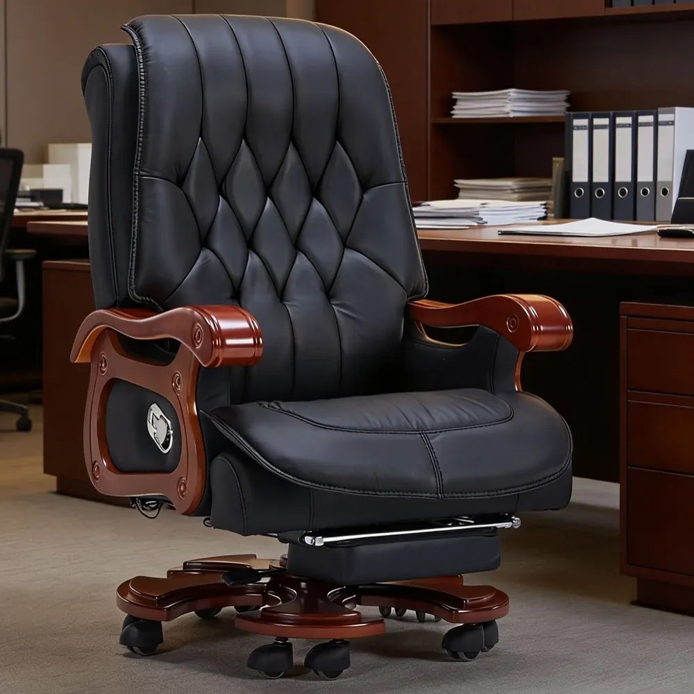 Regal Relax – Scaun directorial din Piele Naturală si Lemn Masiv, Masaj in 7 puncte, Funcție Încălzire, Înclinare 160°, Suport Picioare Extensibil, Sezut cu Arcuri, Telecomandă, Negru