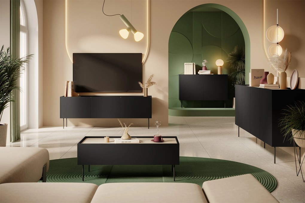 Comodă Desin 120 cm cu două uși - negru mat / stejar Nagano