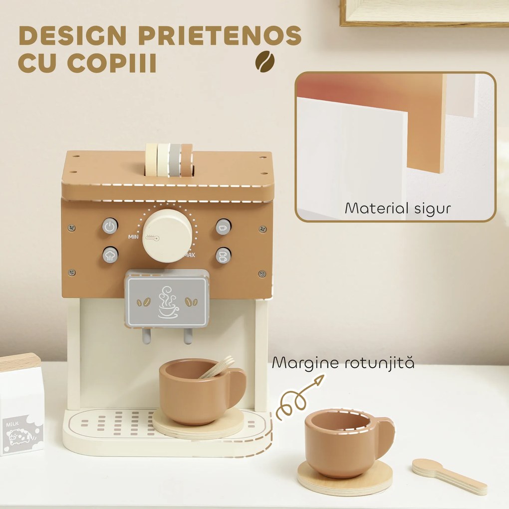 AIYAPLAY Set de joacă cu mașină de cafea din lemn, pentru copii de 3 ani cu accesorii, Maro | Aosom Romania