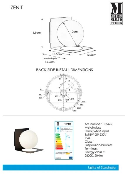 Markslöjd 107495 - Aplică baie ZENIT 1xG9/18W/230V IP44