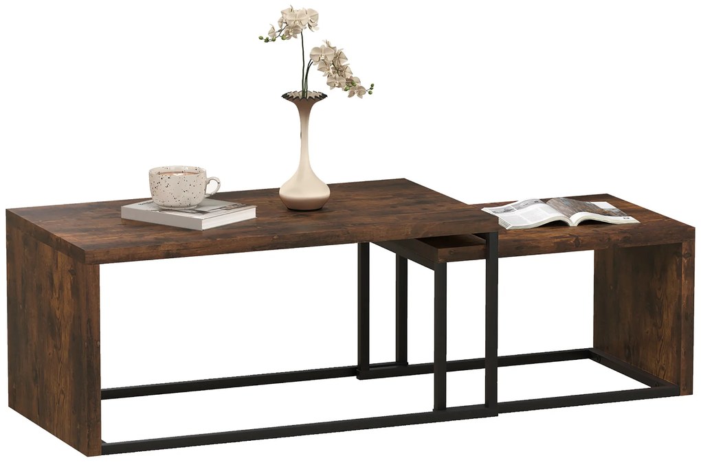 HOMCOM Set de Mese de Cafea 2 bucăți, Masă de Cafea, Masă Laterală, MDF, Metal, 90 x 48 x 42 cm / 59 x 42 x 36 cm, Negru+Maro | Aosom Romania