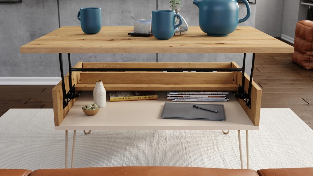 Mazzoni HAIRPIN S-90 Stejar Artisan/Bej (Șampanie) - MASĂ DE CAFEA MODERNĂ MASĂ CU BLAT RIDICAT + COMPARTIMENT + RAFT
