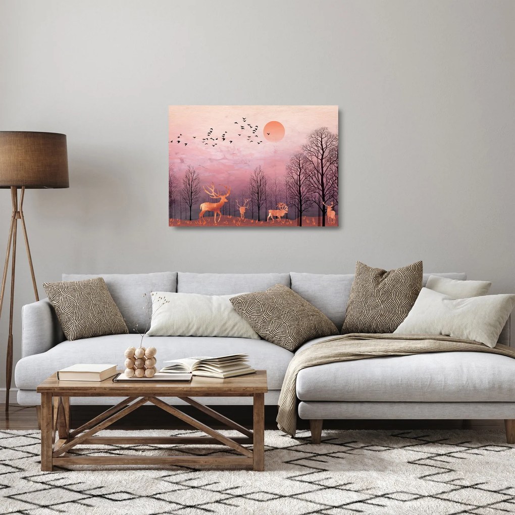 Tablou pe sticlă - Căprioare în strălucirea apusului de soare (70x50 cm)