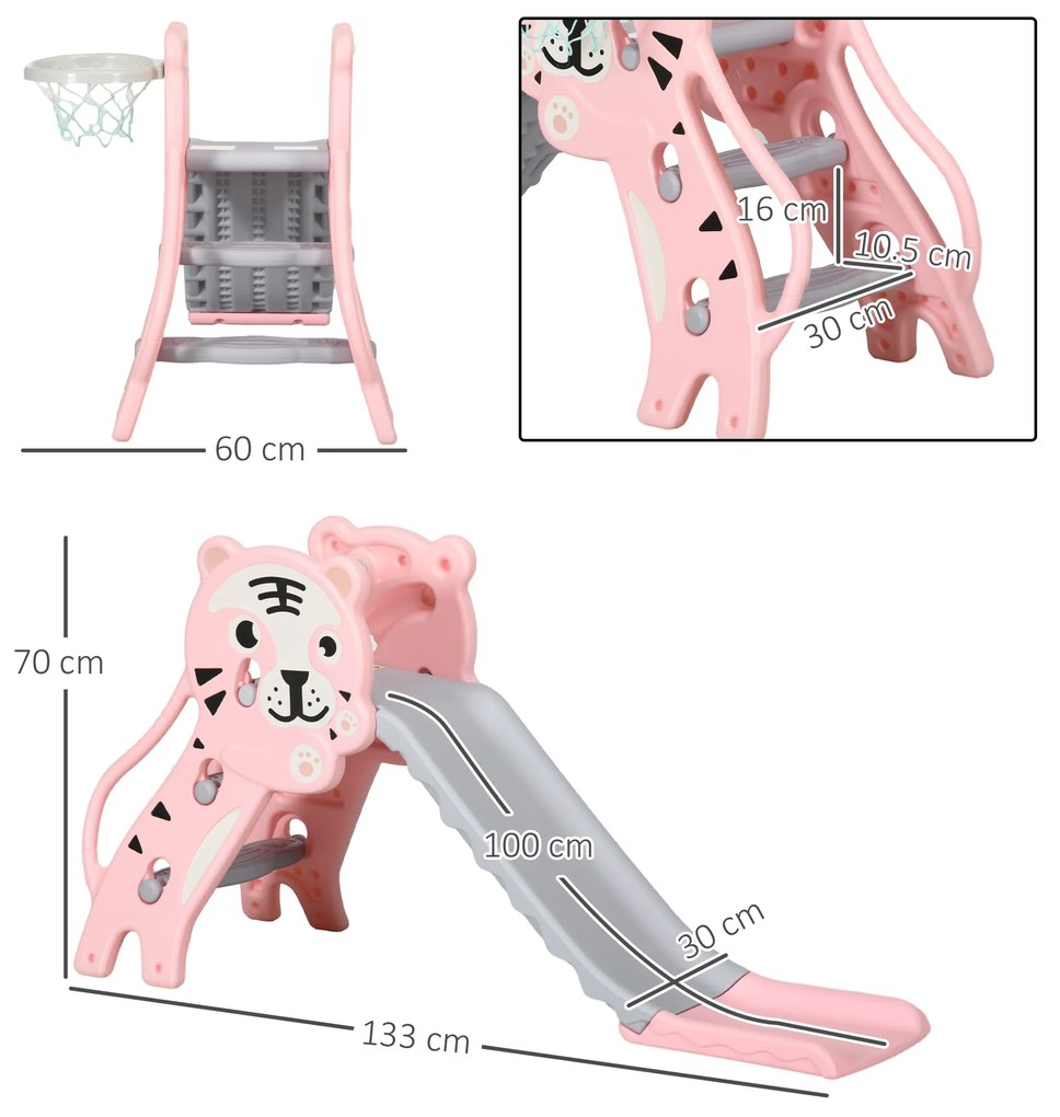 AIYAPLAY Tobogan pentru Copii 18-36 Luni cu Coș de Baschet Lateral și Tobogan din Plastic, 133x60x70 cm, Roz | Aosom Romania