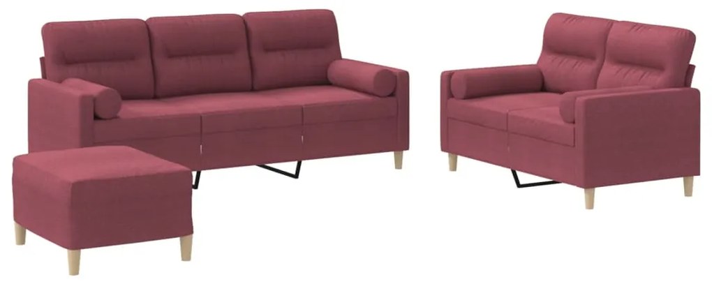 3201630 vidaXL Set canapea cu perne, 3 piese, roșu vin, material textil