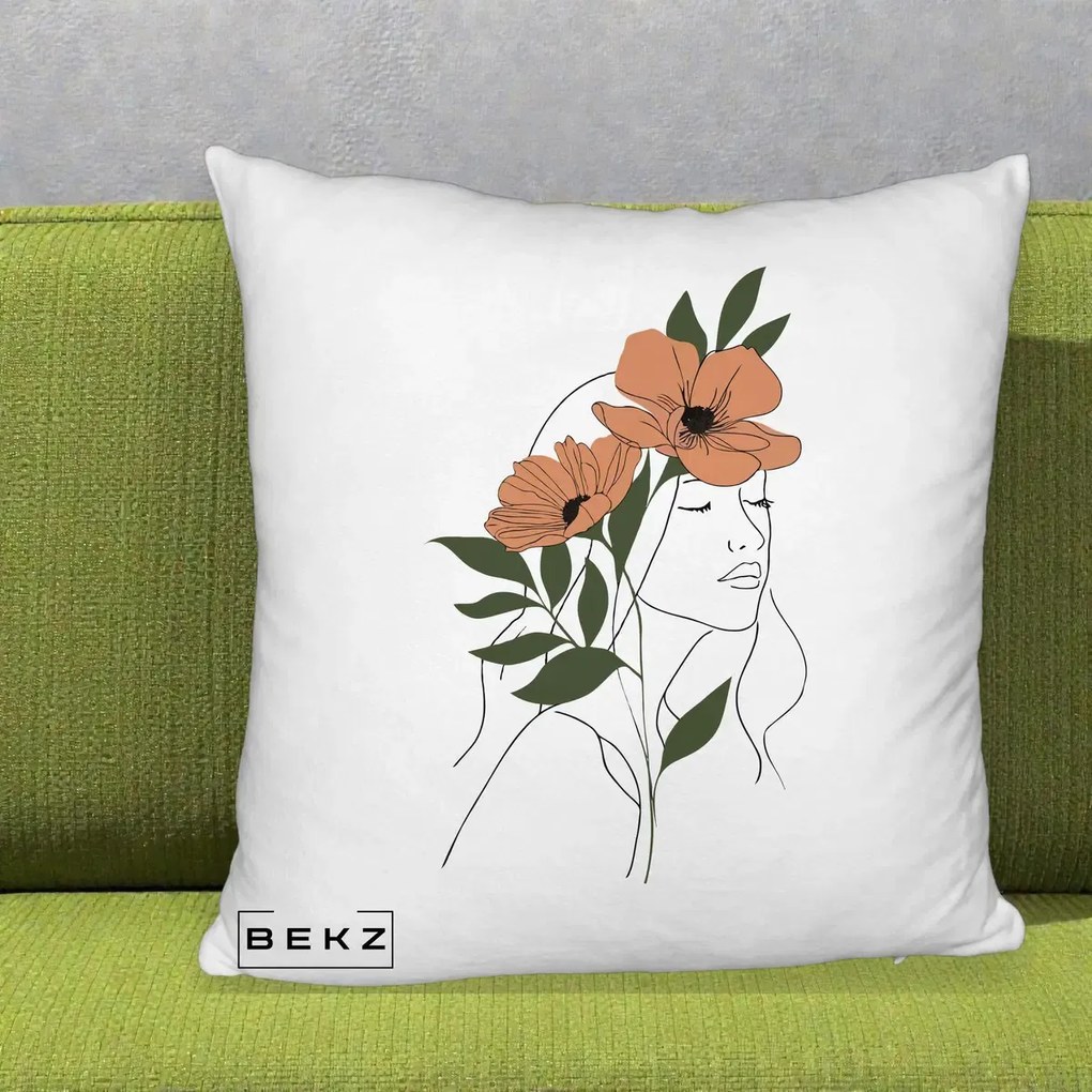Perna Decorativa Portret Feminin Doua Maci Terracotta, 40x40 cm, Alb Pufos, Husa Detasabila, Perna Inclusa, BEKZ®