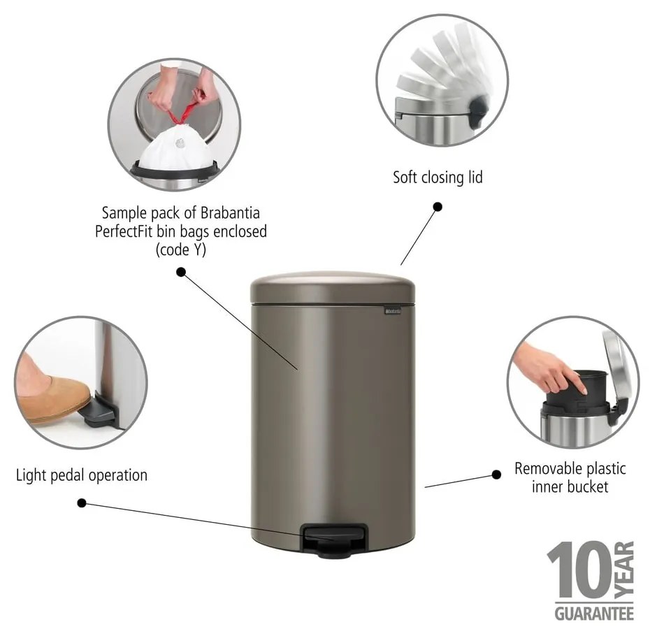 Coș de gunoi gri cu pedală din oțel 20 l NewIcon – Brabantia