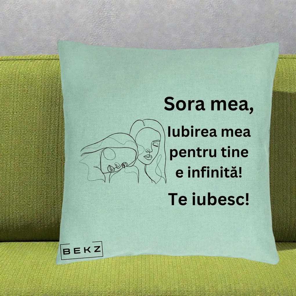 Cadou pentru Sora - Perna Personalizata Sora Mea Te Iubesc Line Art Portrete Fata in Fata, 40x40 cm, Verde Menta, Husa Detasabila, Perna Inclusa, BEKZ®