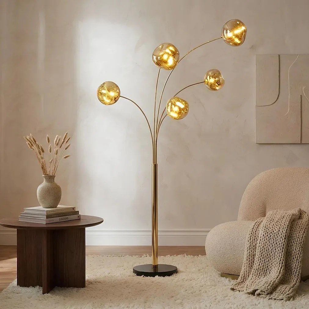 Lampa de podea moderna cu 5 globuri sticla aurie LIQUID DIAMOND