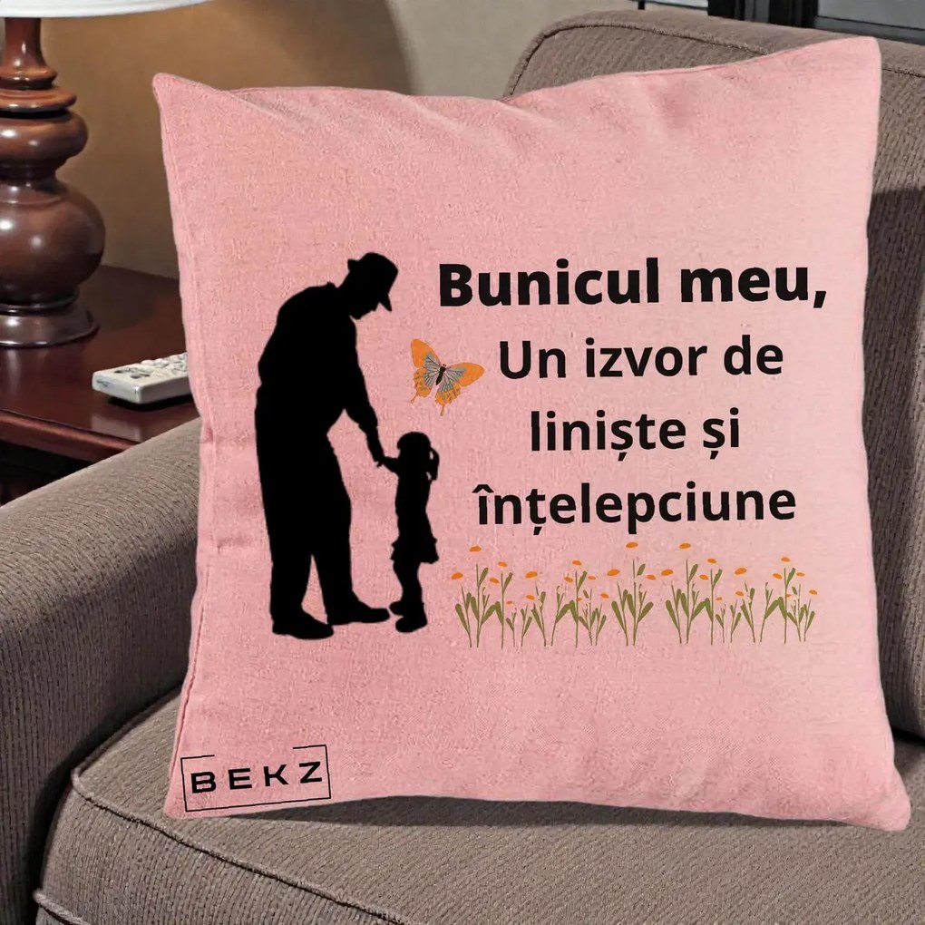Cadou pentru Bunic - Perna Personalizata Bunicul Meu Izvor de Liniste cu Fluture si Fetita, 40x40 cm, Roz, Husa Detasabila, Perna Inclusa, BEKZ®
