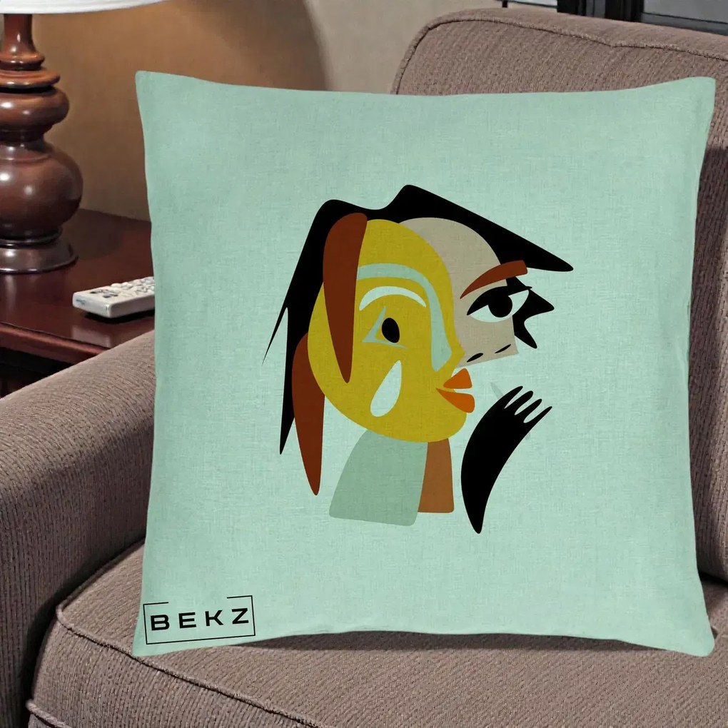 Perna Decorativa Portret Abstract Galben-Ocru, 40x40 cm, Verde Menta, Husa Detasabila, Perna Inclusa, BEKZ®