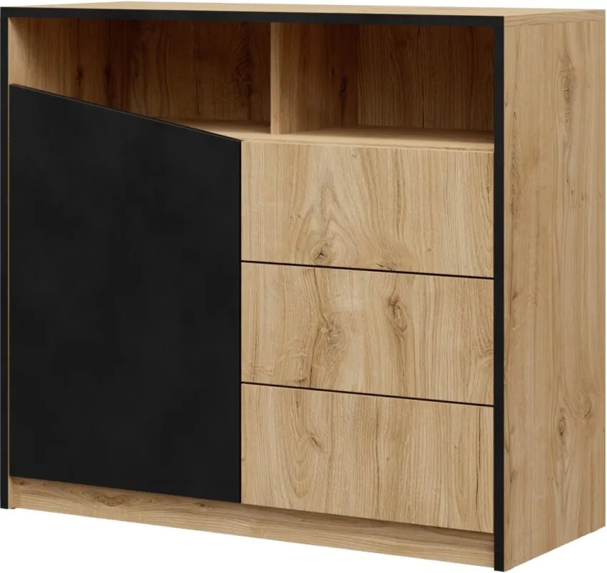 Comodă cu usa si trei sertare, 100x40x91 cm, Atson, ADRK Furniture (Culoare: Stejar / Gri Bej)