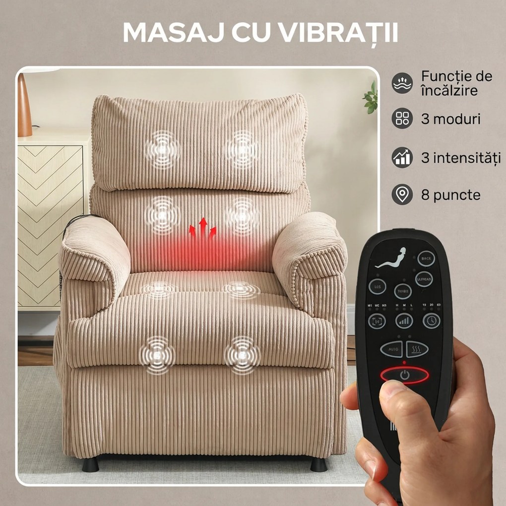 HOMCOM Fotoliu cu Masaj și Încălzire, Reclinabil, cu Funcție Memorie, 2 Telecomenzi, Maro | Aosom Romania