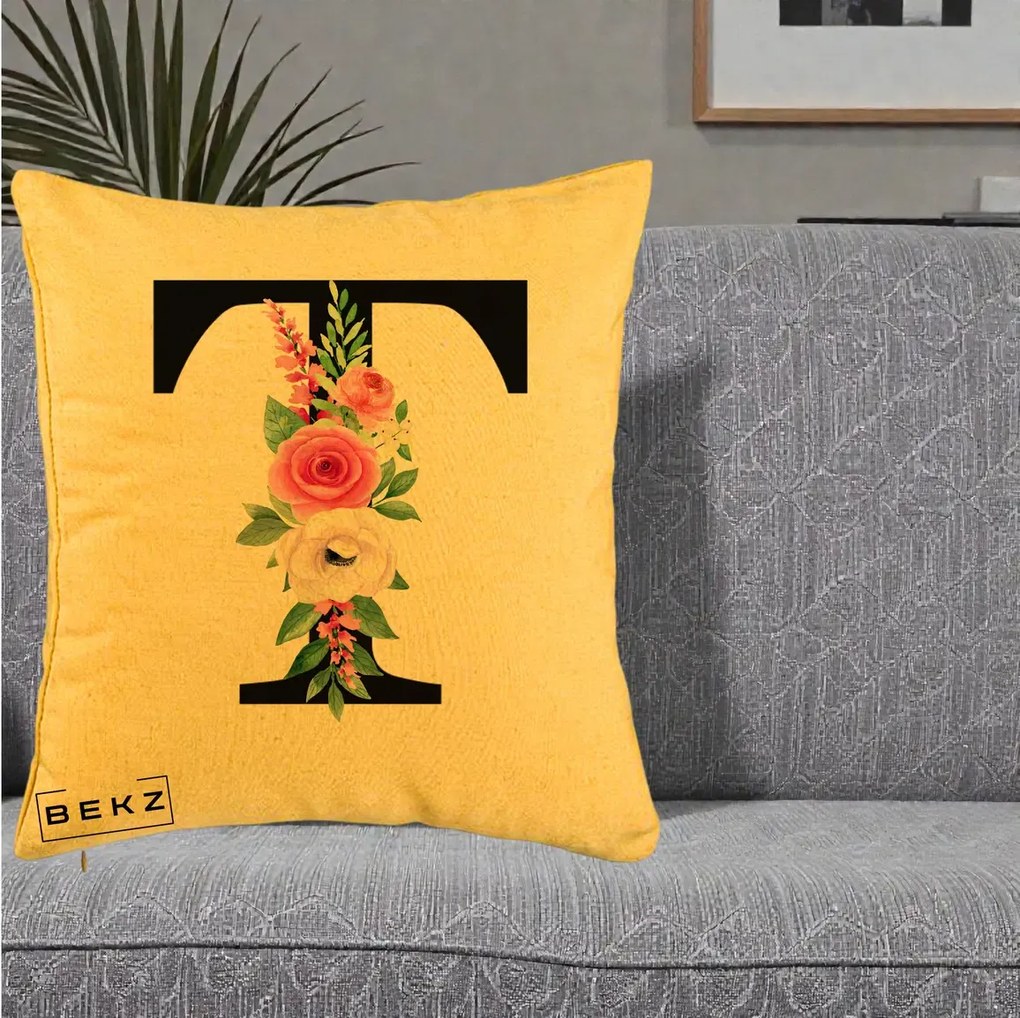 Cadou Personalizat - Perna Personalizata Monograma Florala Litera T, 40x40 cm, Galben, Husa Detasabila, Perna Inclusa, BEKZ®