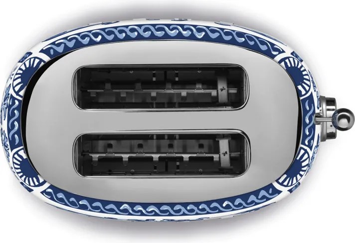 Prajitor de paine SMEG Dolce & Gabbana Blu Mediterraneo TSF01DGBEU, 950 W, 2 felii, 6 trepte, Tava pentru firimituri, Cablu integrat, Otel inoxidabil, Albastru